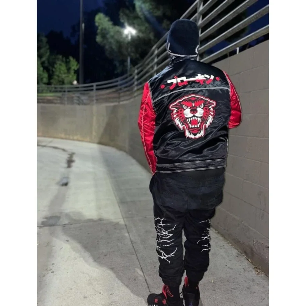Men's Black Red Satin Varsity Jacket Streetwear ASO Drakeo The Ruler Size XL